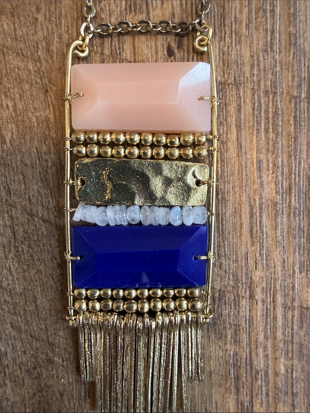 Noonday Collection Gold Fringe Peach and Navy Gemstone Pendant Necklace - Picture 5 of 7